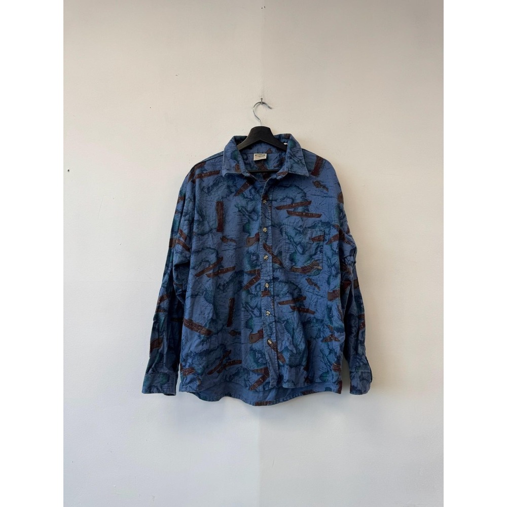 Vintage FiveBrother Shirt Mens 2XL Blue‎ Canoe Map Graphic Flannel Button Front
